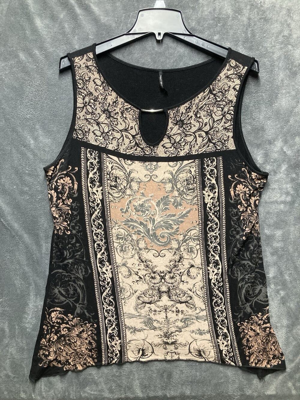 Skinny Minnie Sleeveless Blouse Black Tan Keyhole Whimsigoth Baroque Boho USA XL